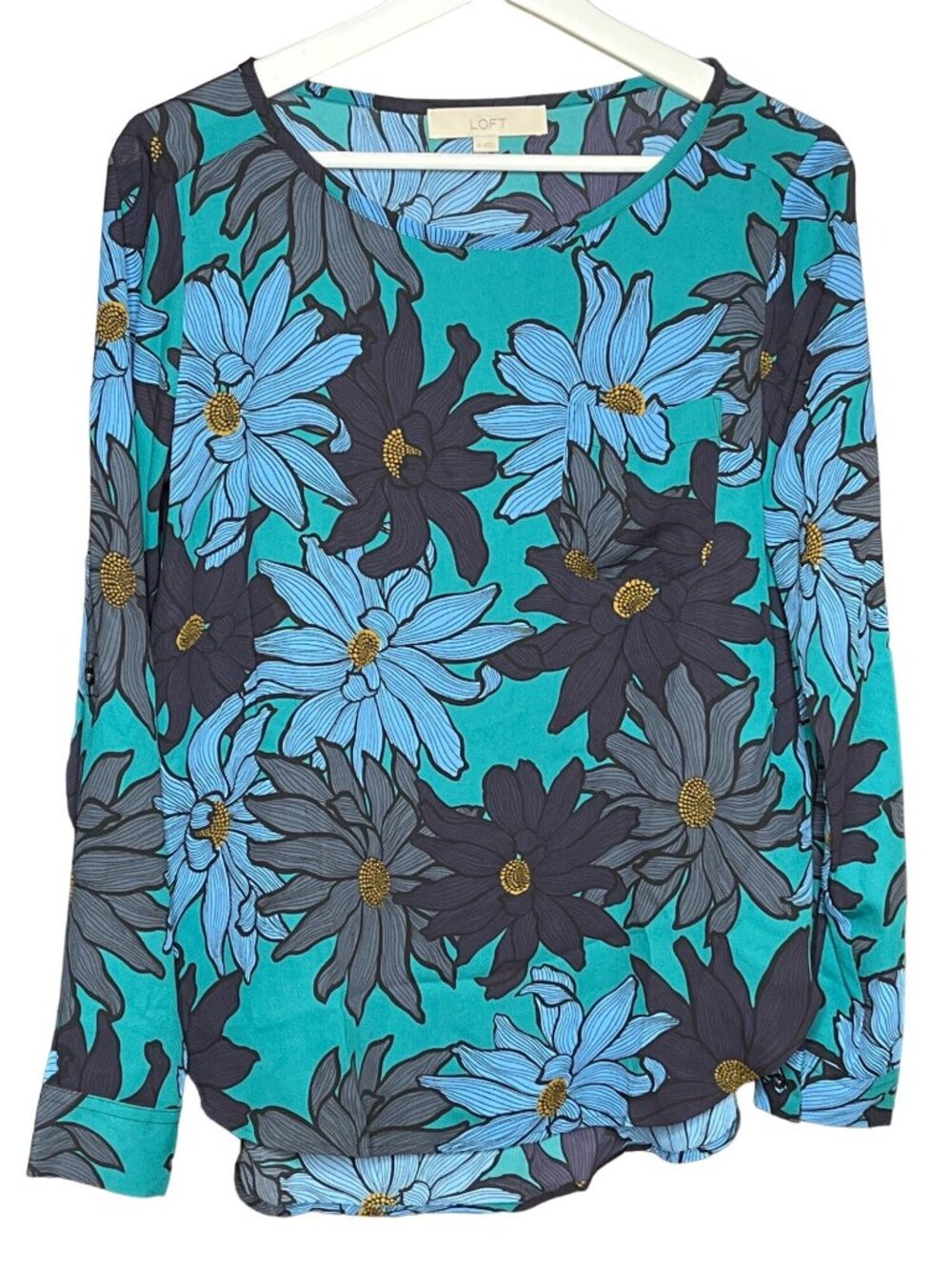 LOFT Womens XS Blue Teal Floral Long Sleeve Blouse Lightweight Top
